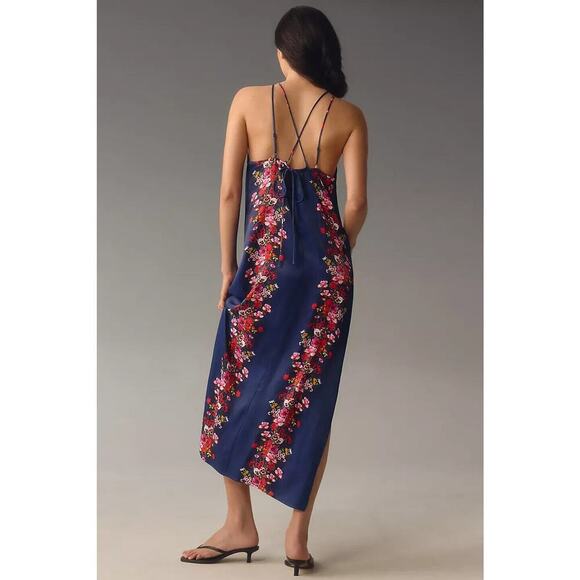 NWD Anthropologie Double-Strap Halter Column Floral Midi Dress Sz XS Navy GC211 - Picture 3 of 12